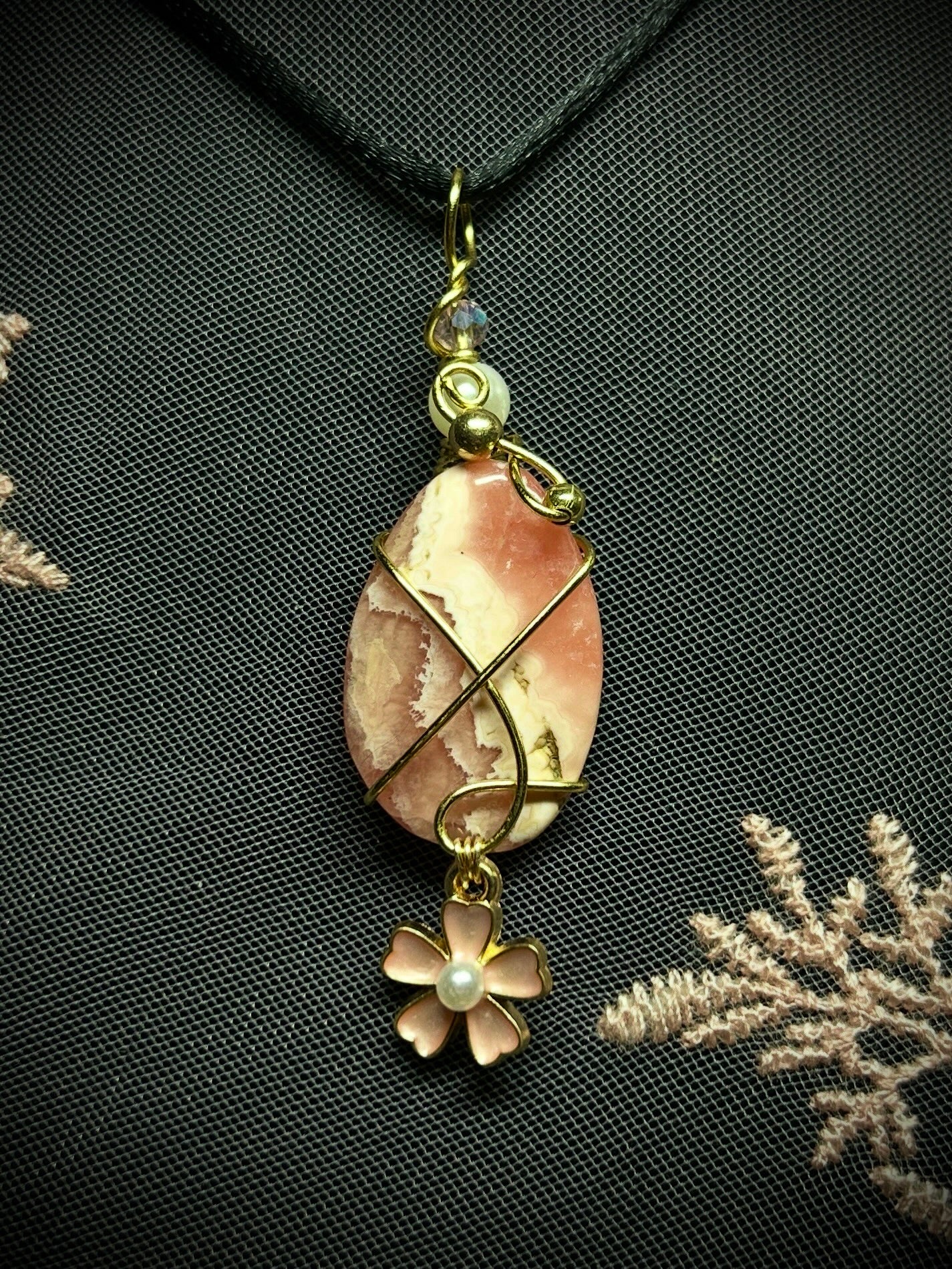 Rhodonite with Pink Flower Charm Necklace