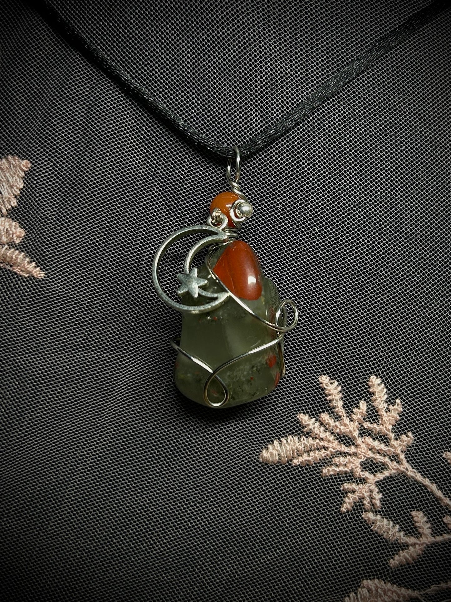 African Bloodstone with Moon Charm Necklace