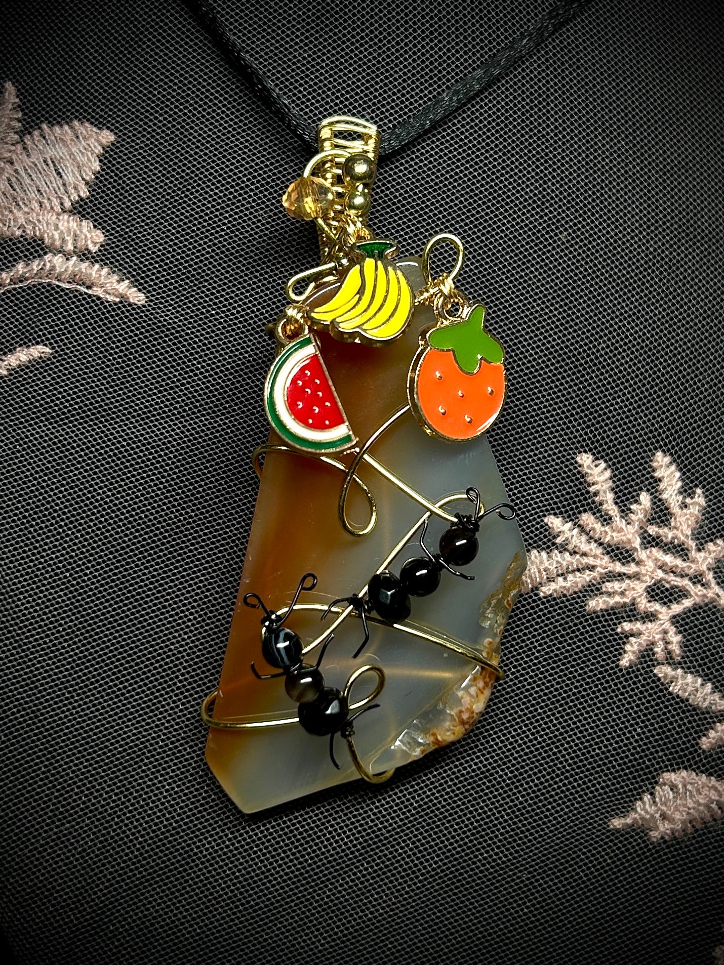 Ants Following Fruit Red Agate Slab Necklace
