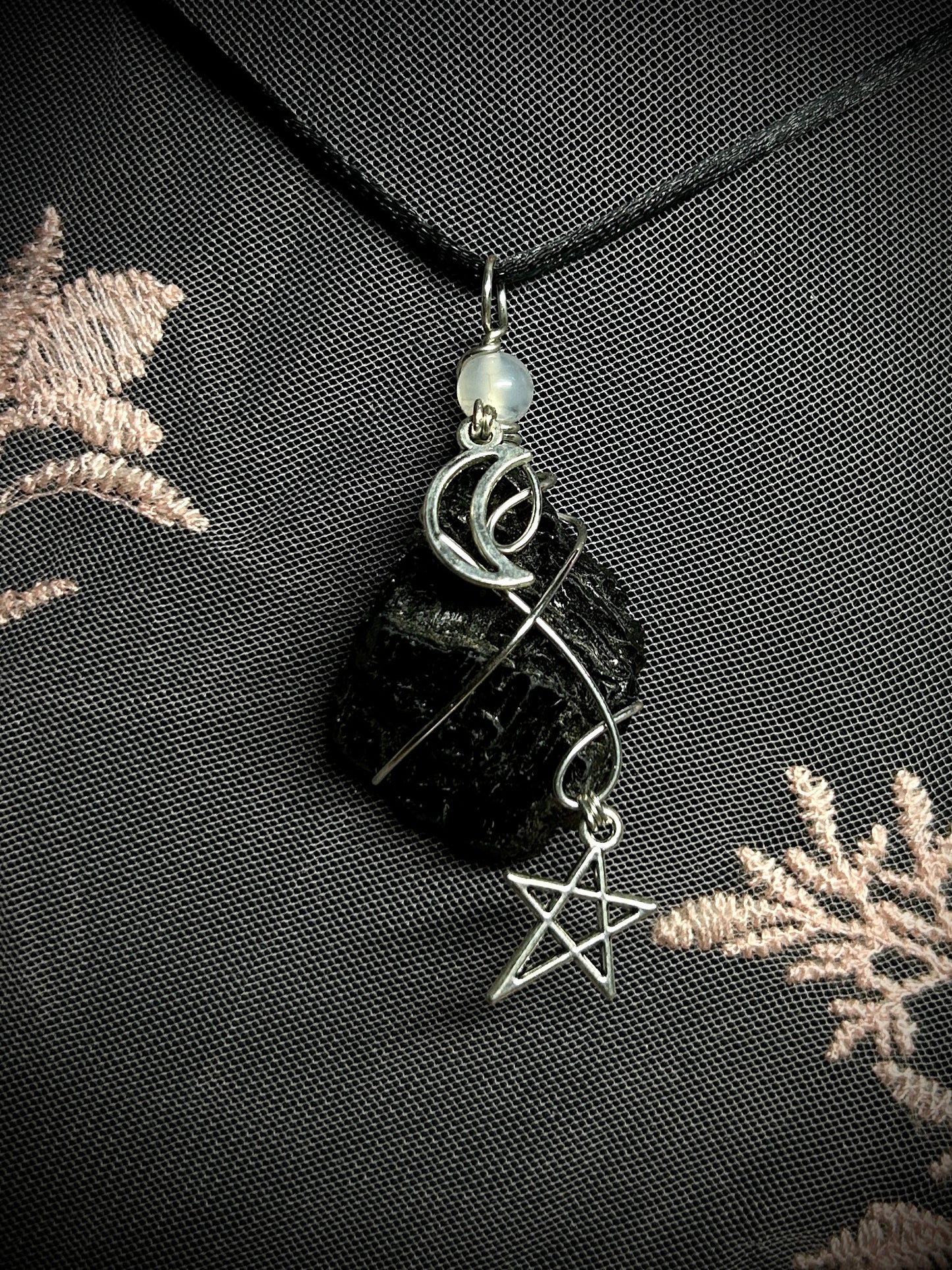Black Tourmaline with Moon and Star Charm Necklace