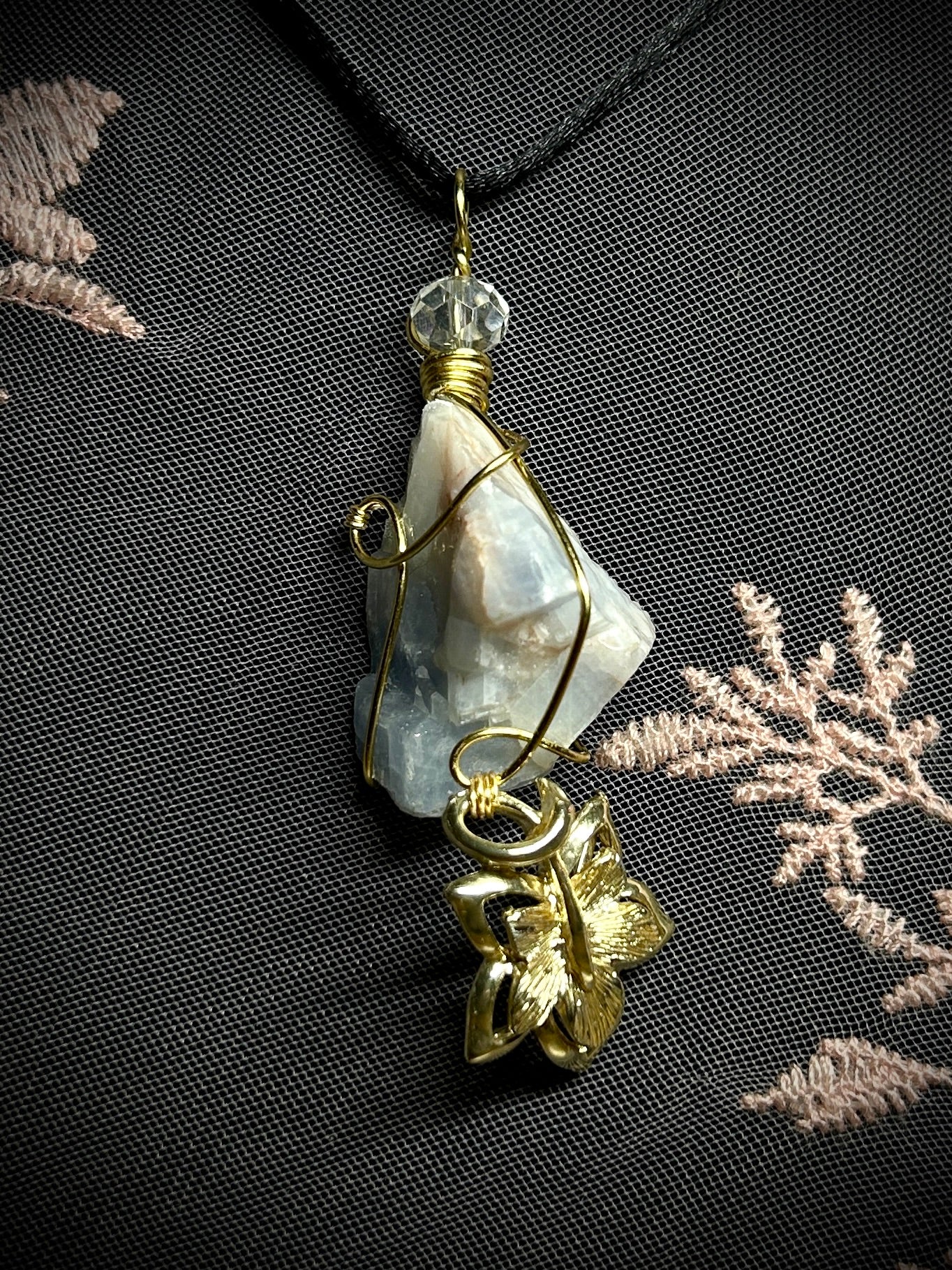 Blue Calcite with Unique Gold Leaf Charm Necklace