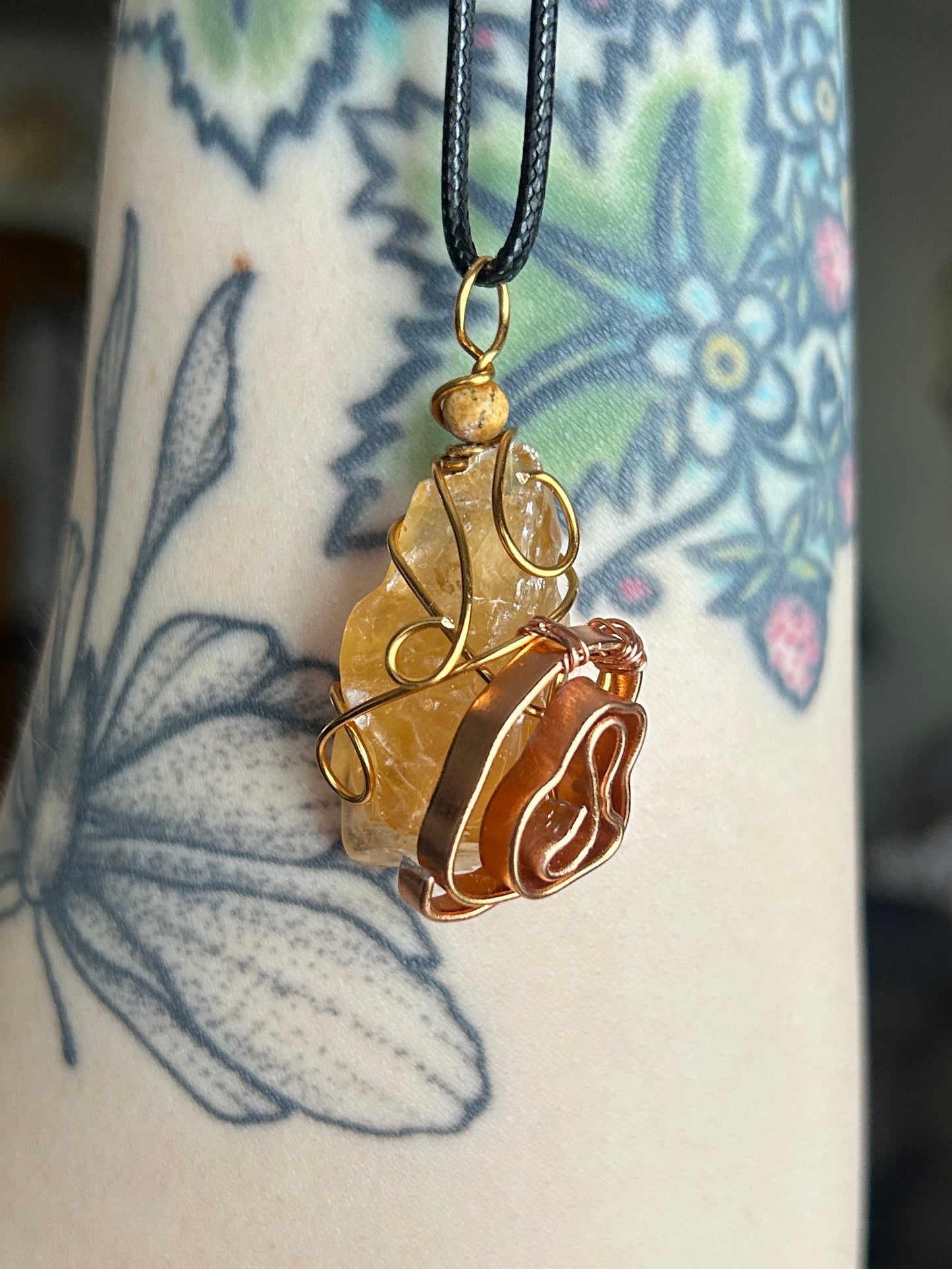 Honey Calcite with Rose Wire Charm Necklace