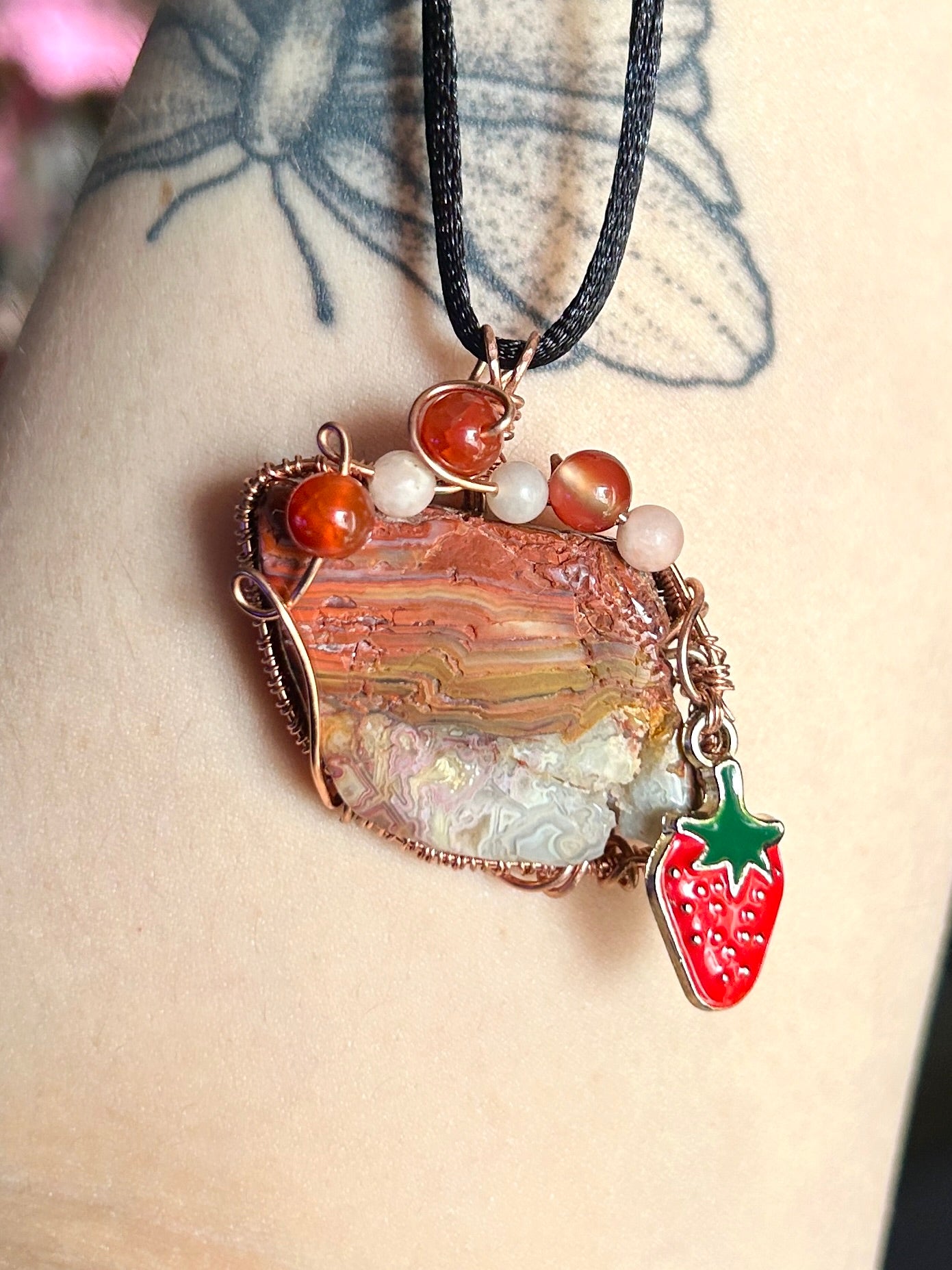 Crazy Lace Agate Strawberry Shortcake Necklace