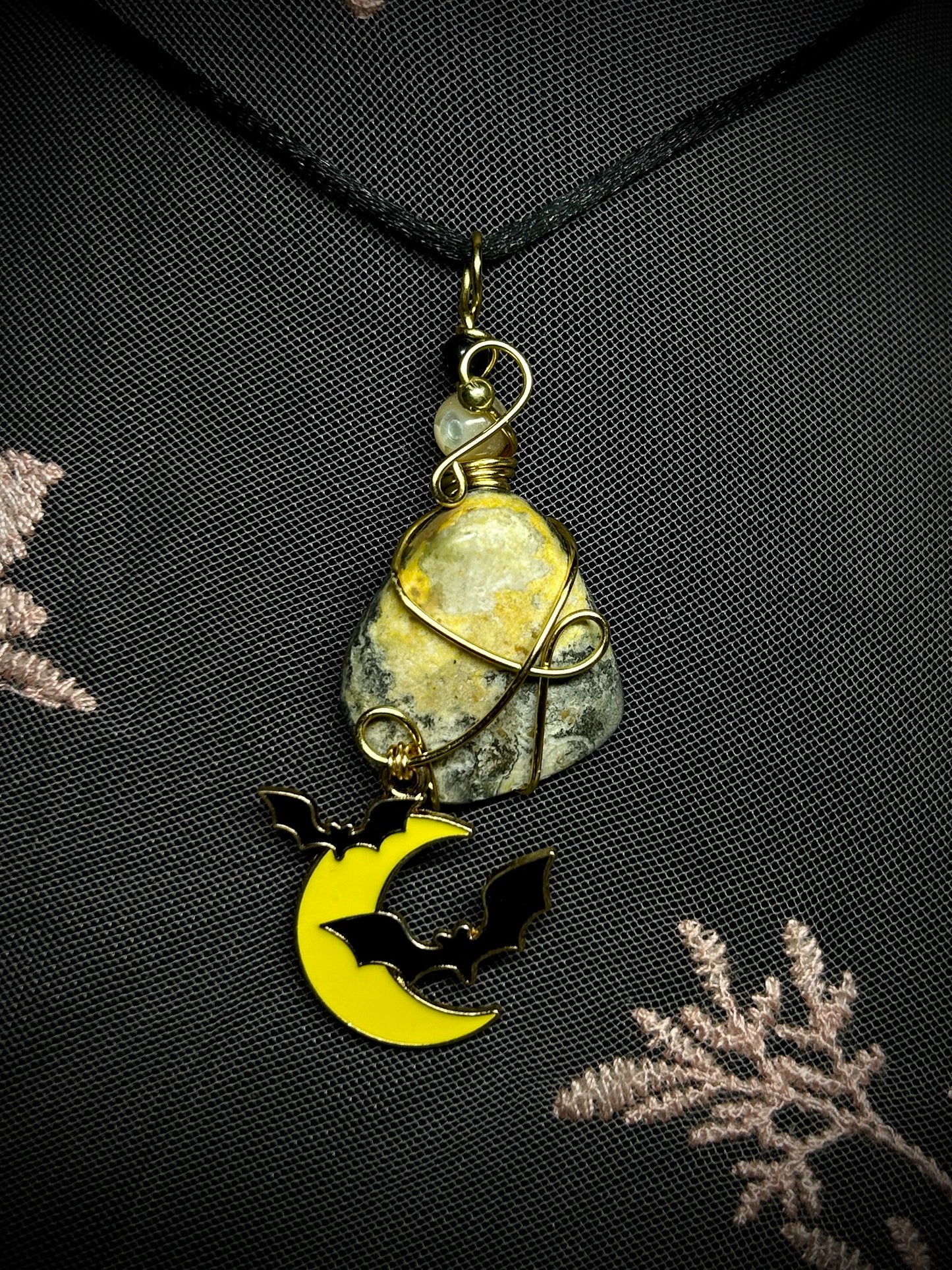 Bumblebee Jasper with Bat & Moon Charm Necklace