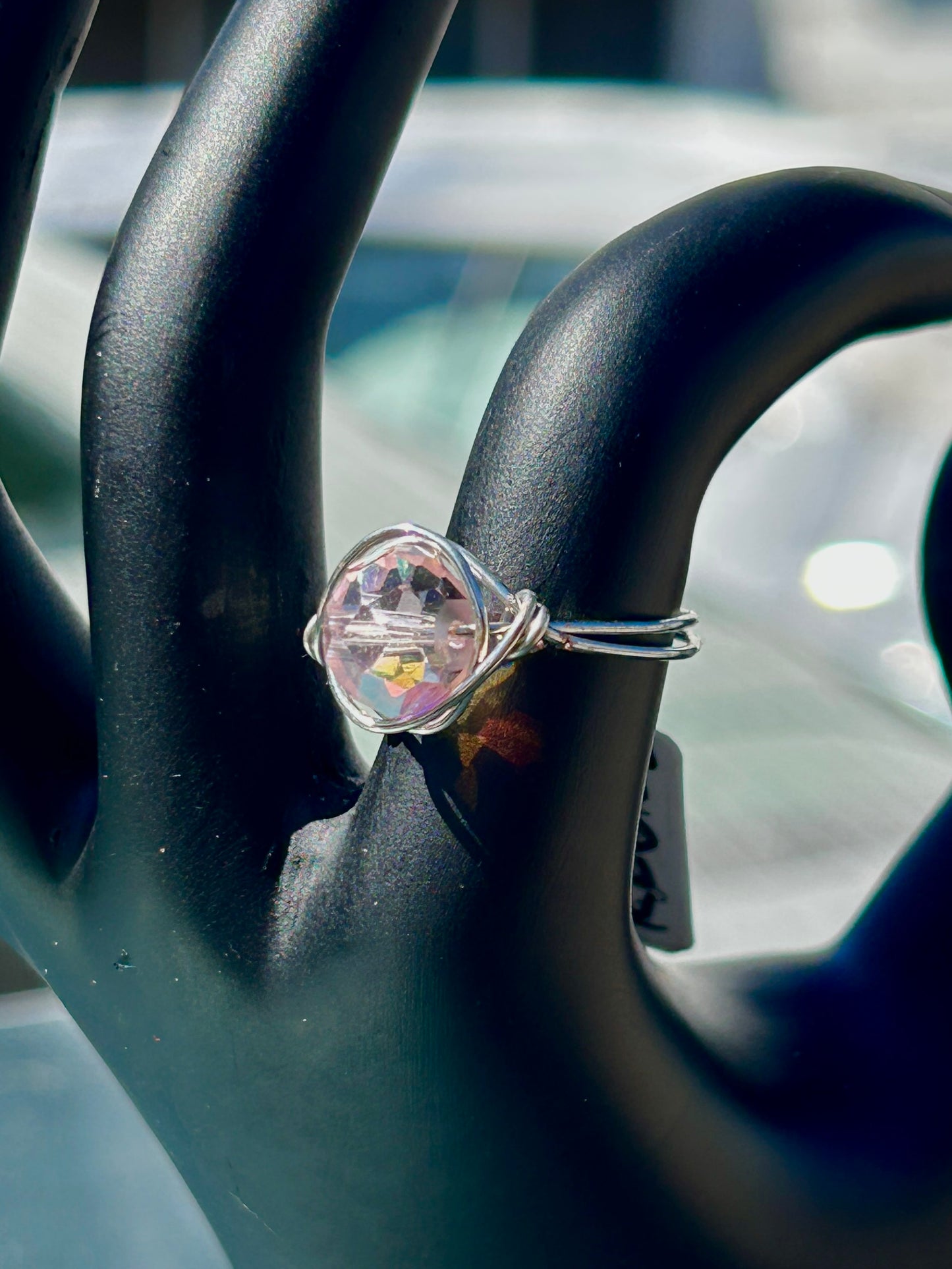 Pink Glass Bead Silver Ring