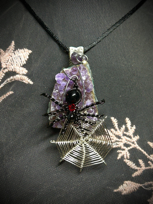 Amethyst with Spider and Spiderweb Necklace