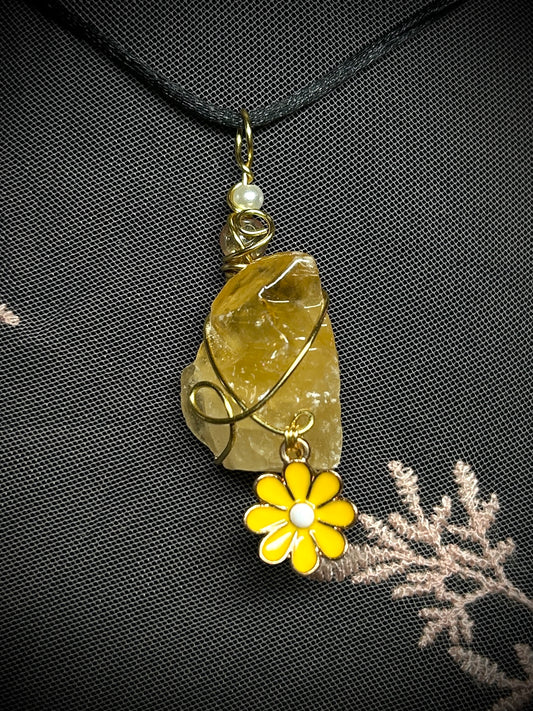 Honey Calcite with Yellow Flower Charm Necklace