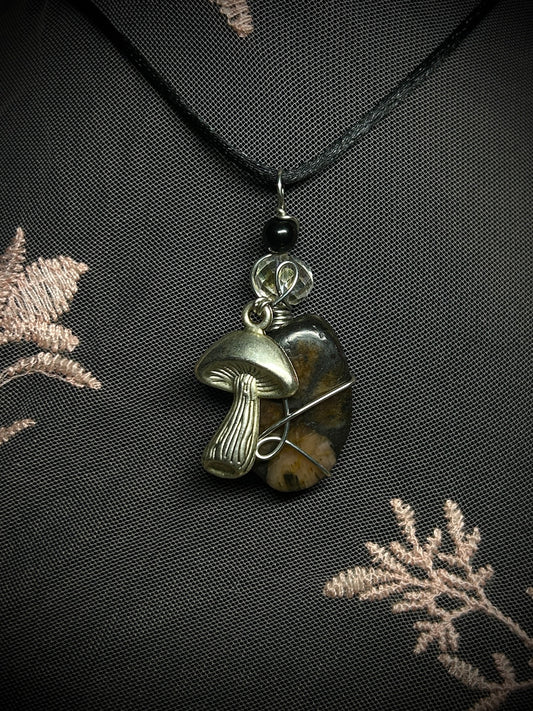 Chiastolite with Mushroom Charm Necklace