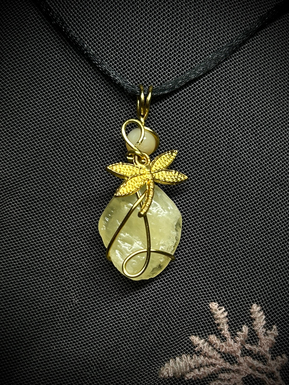 Yellow Agate with Dragonfly Charm Necklace