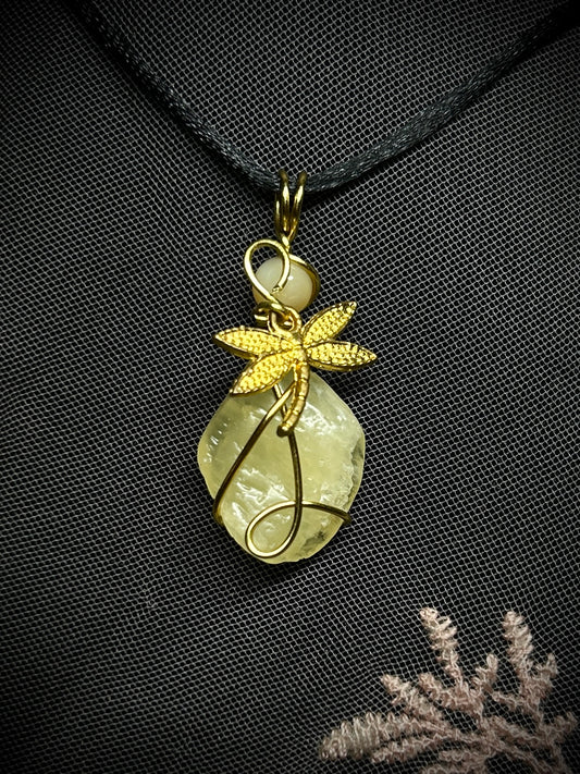 Yellow Agate with Dragonfly Charm Necklace