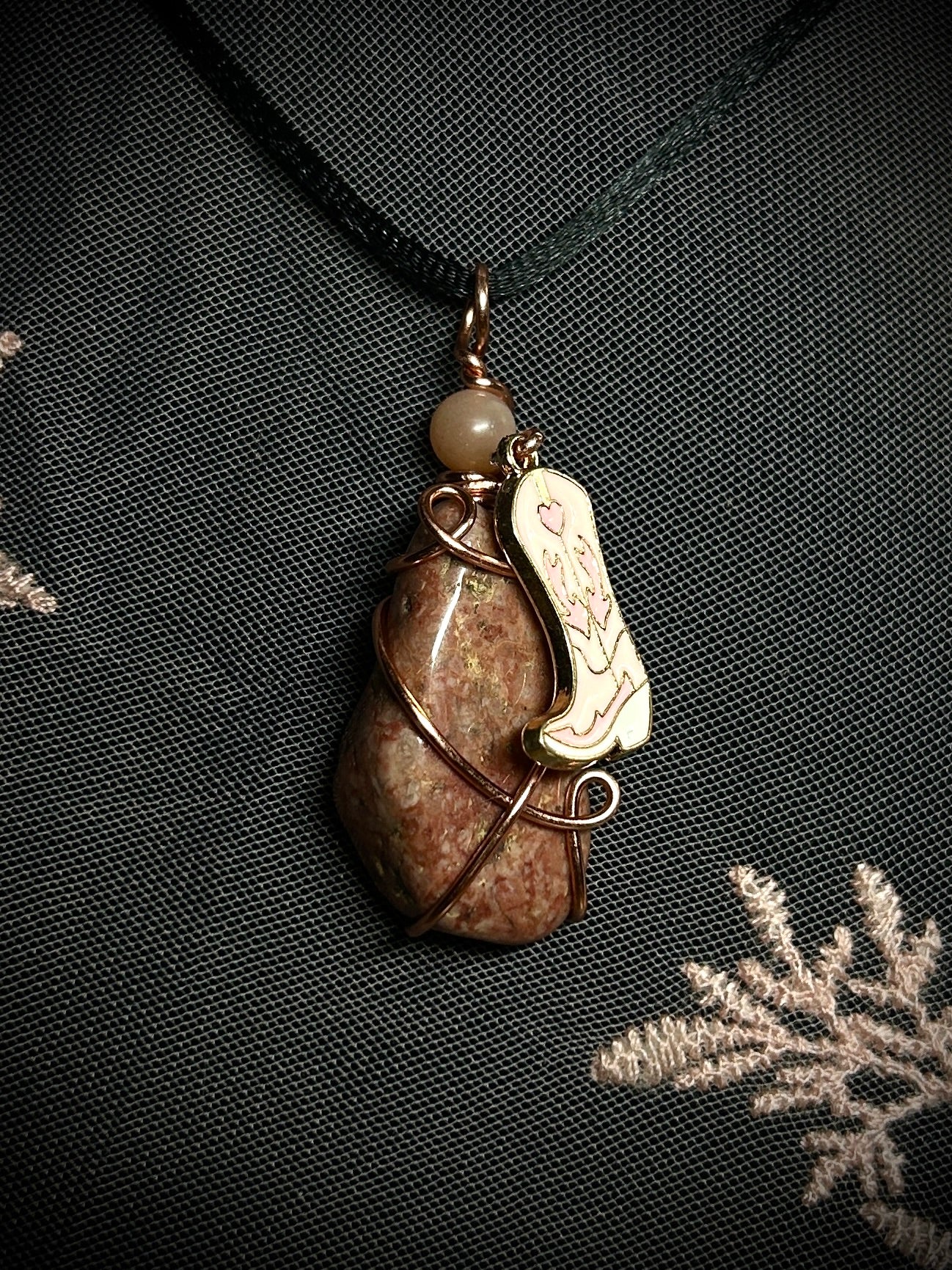 Wine Red Quartz with Pink Cowgirl Boot Necklace