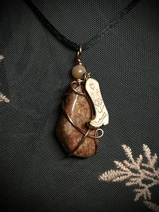 Wine Red Quartz with Pink Cowgirl Boot Necklace