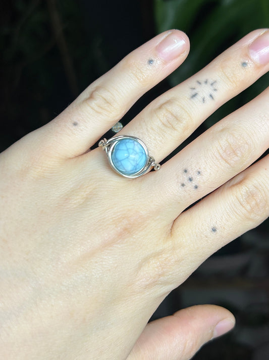 Light Blue Crackle Bead Silver Ring
