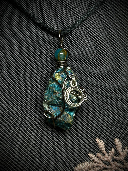 Peacock Ore with Moon Charm Necklace