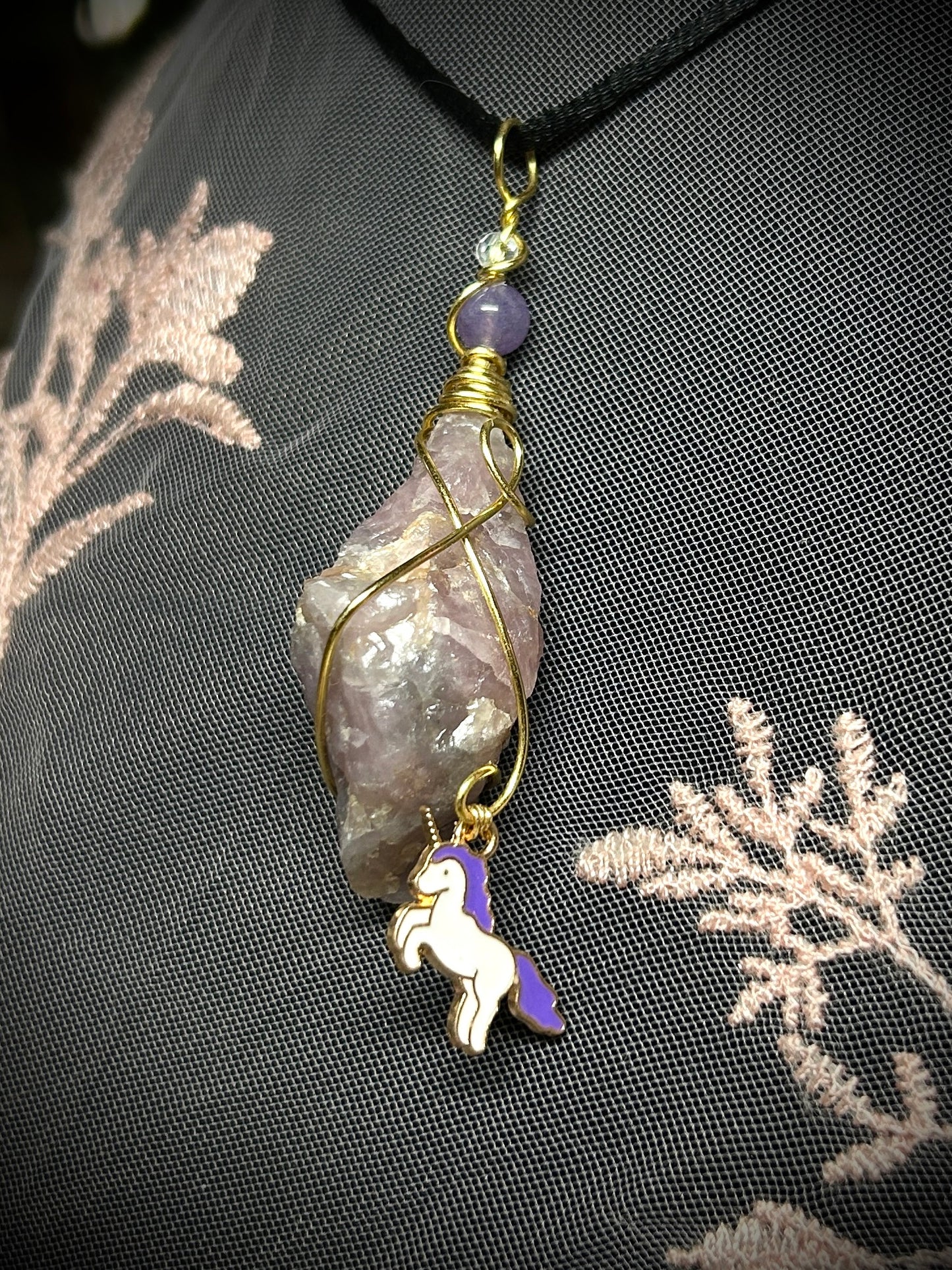 Guava Quartz with Unicorn Charm Necklace