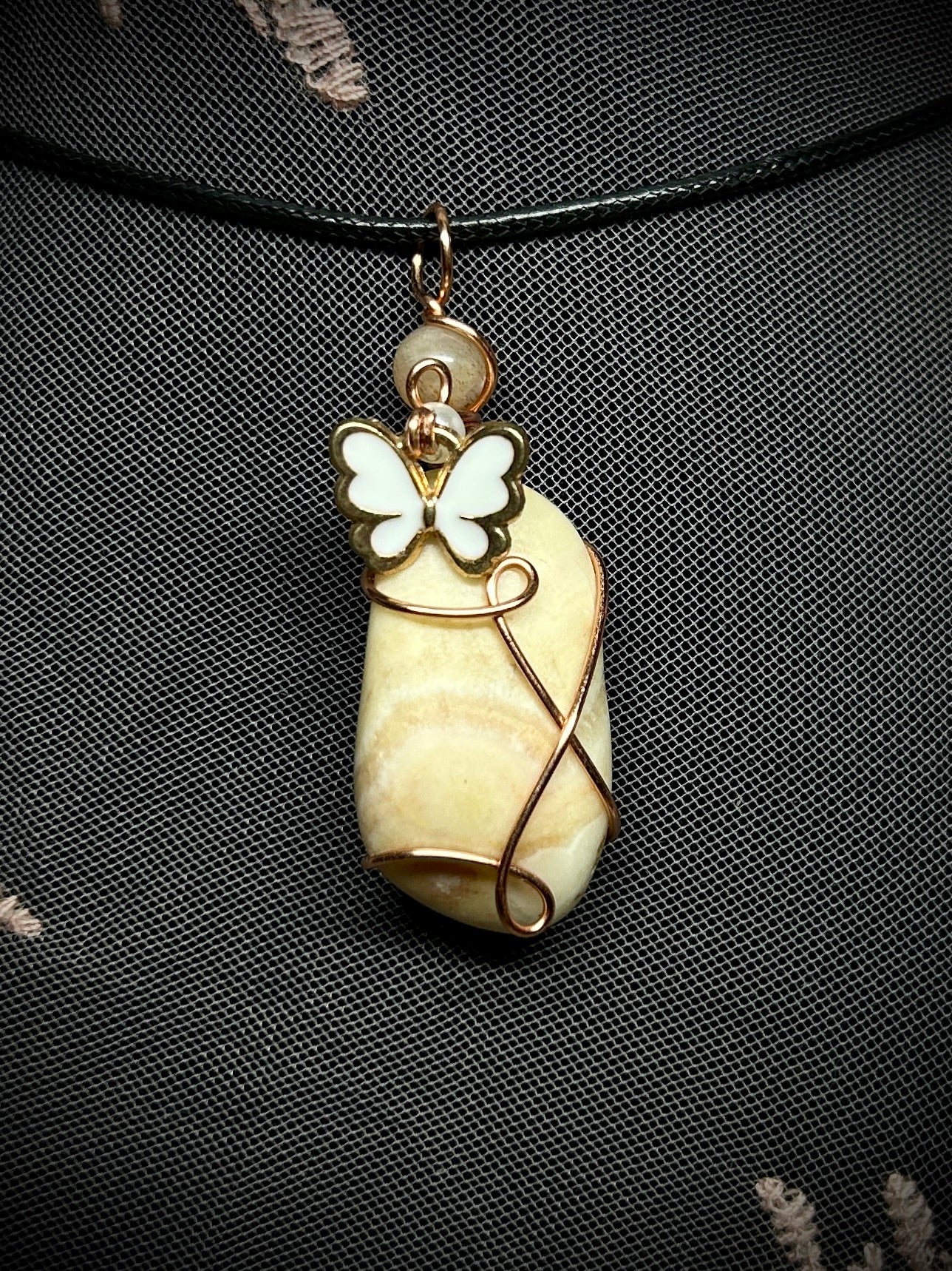 Agatized Coral with White Butterfly Charm Necklace