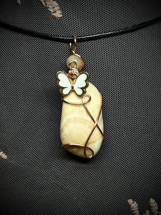 Agatized Coral with White Butterfly Charm Necklace