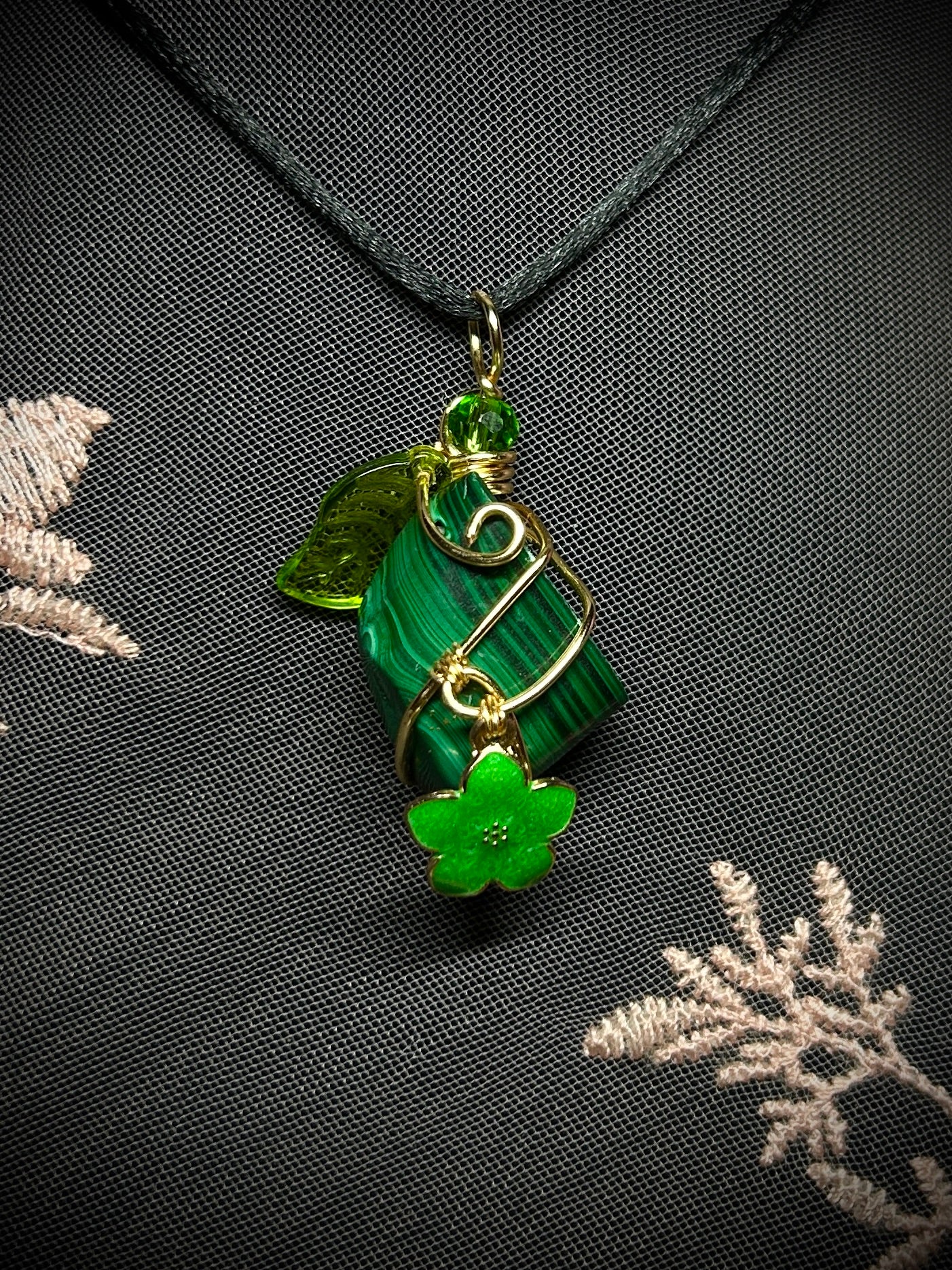 Malachite with Green Flower Charm Necklace