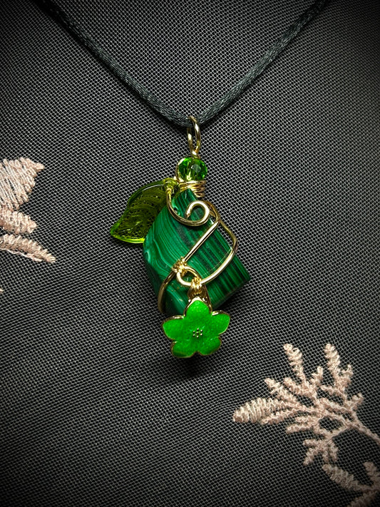 Malachite with Green Flower Charm Necklace