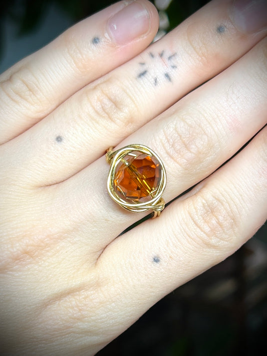 Large Brown Bead Gold Ring