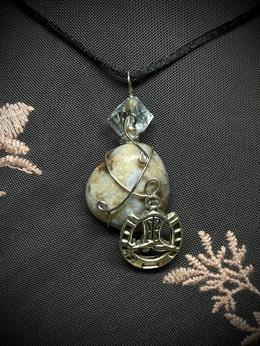 Blue Cherry Blossom Agate with Horseshoe Charm Necklace