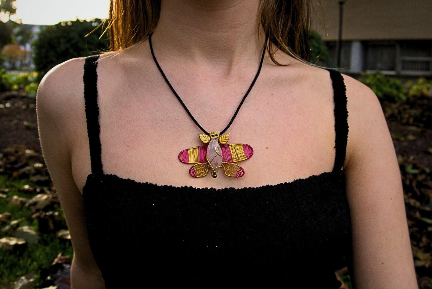 Rosy Maple Moth Rose Quartz Necklace