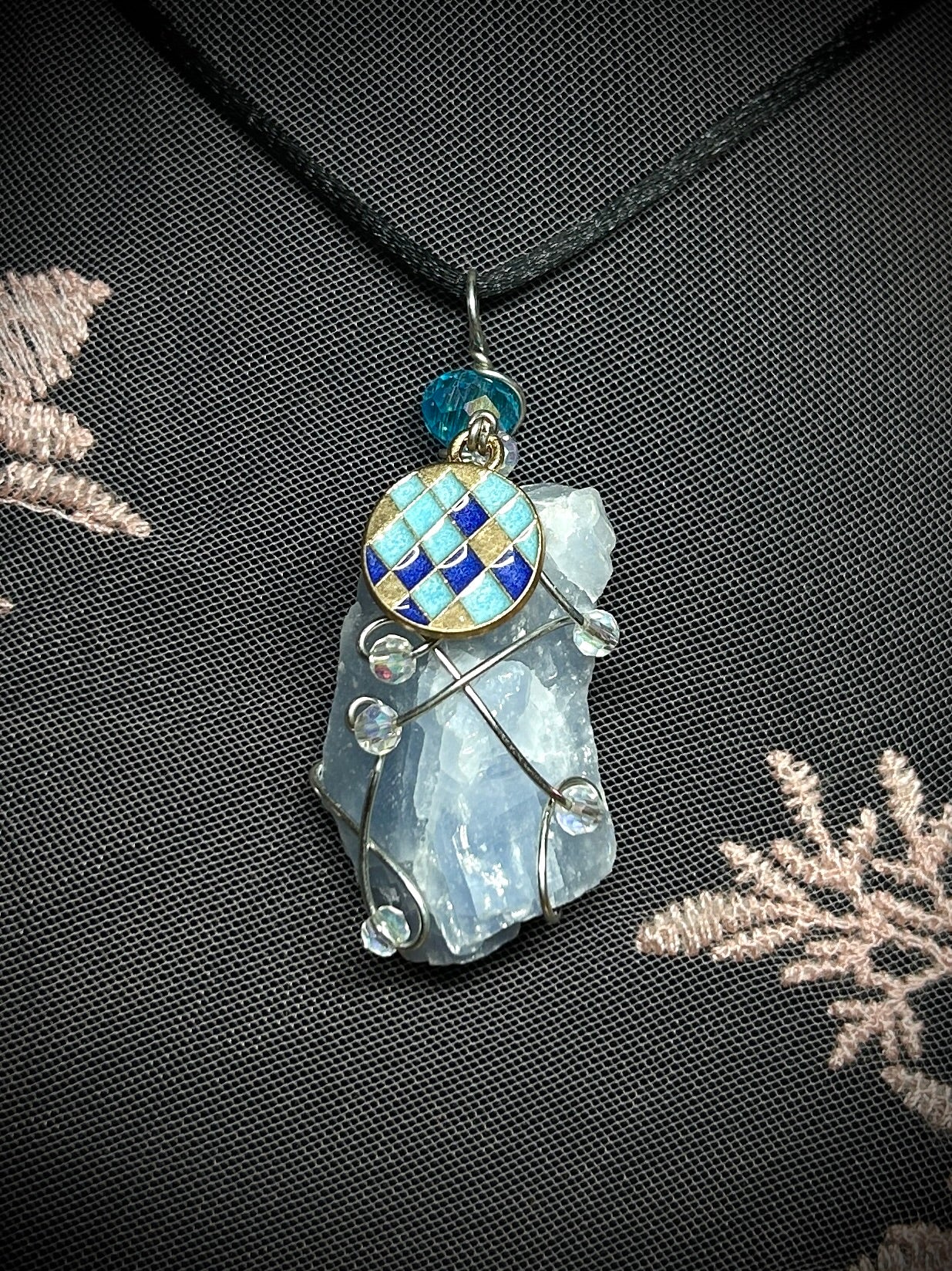Blue Calcite with Disco Ball Charm Necklace