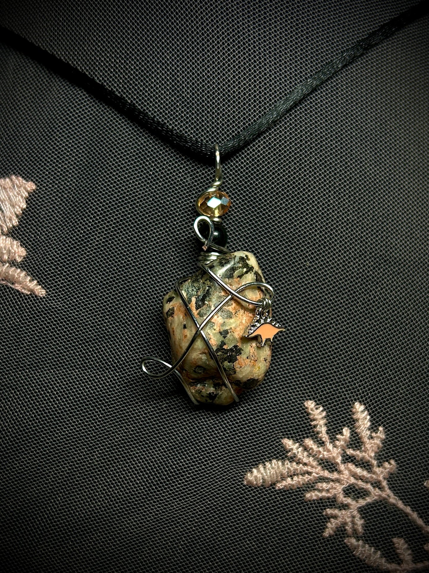 Pink Granite with Dinosaur Charm Necklace