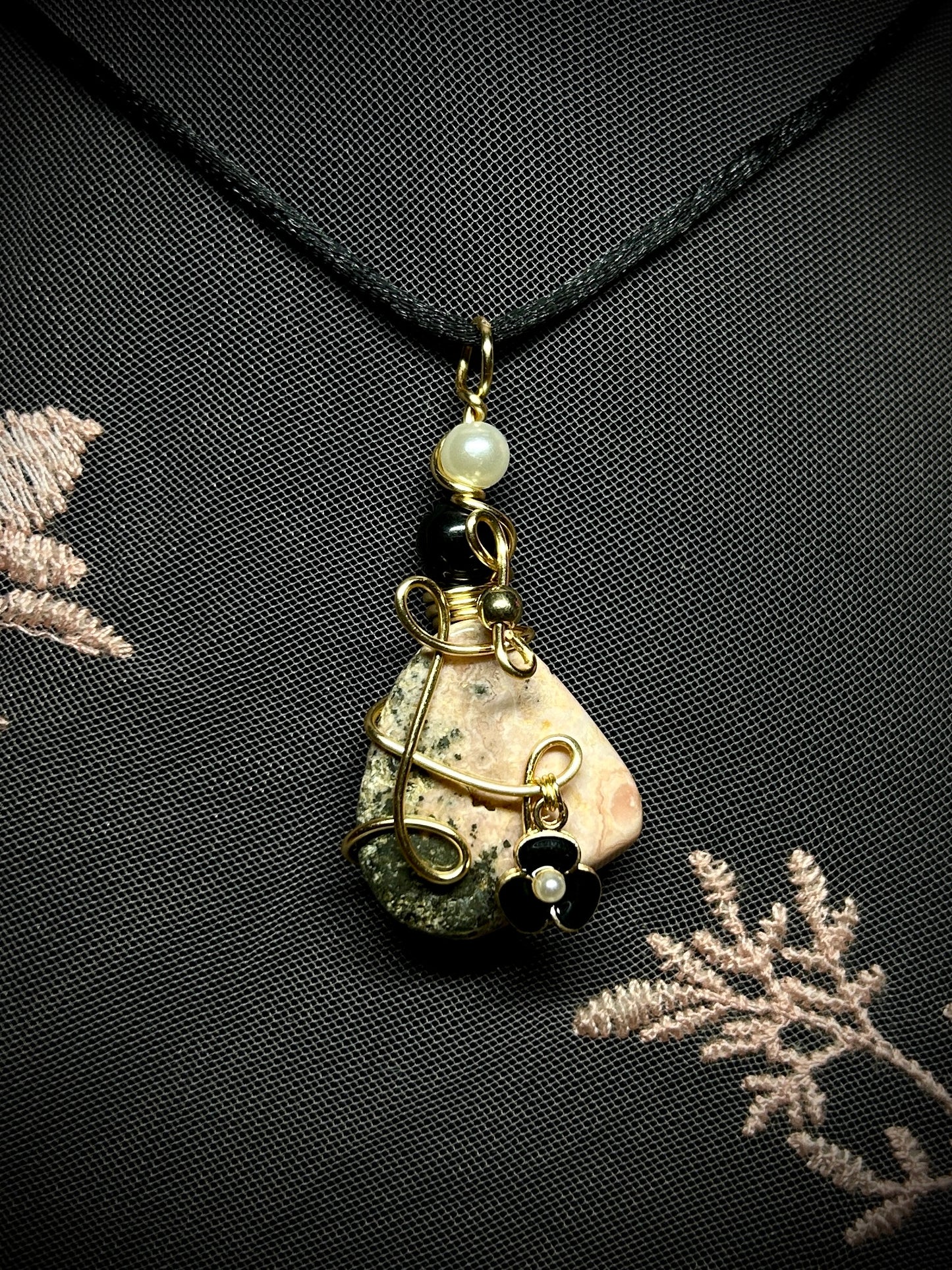 Rhodonite with Black Flower Charm Necklace