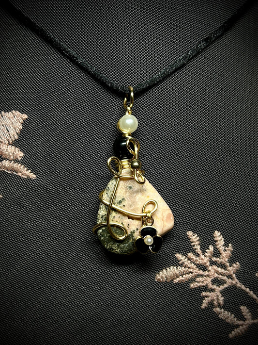 Rhodonite with Black Flower Charm Necklace