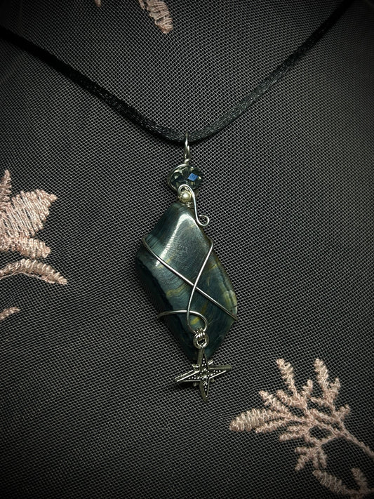 Blue Tigers Eye with Twinkle Star Charm Necklace