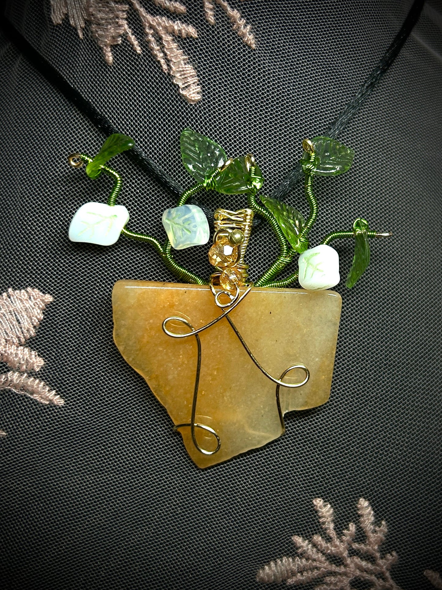 Honey Calcite White Knight Philodendron Necklace