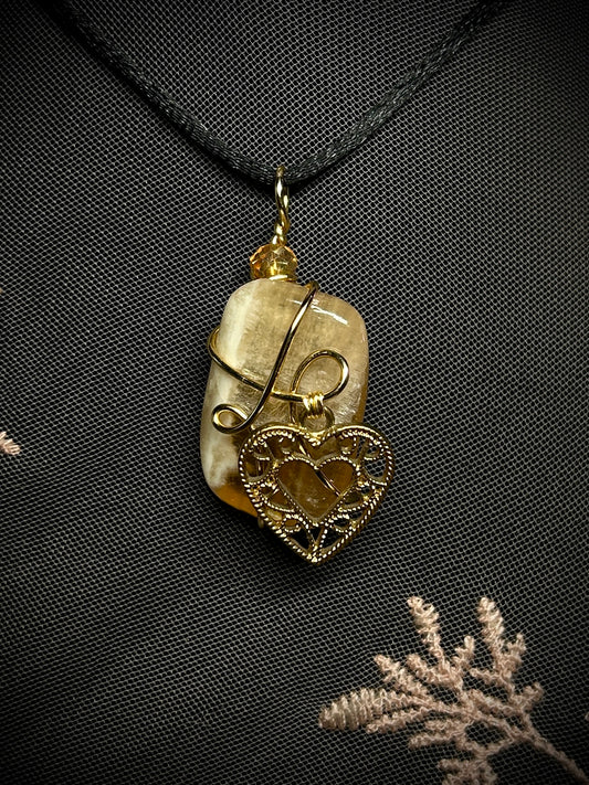 Honey Calcite with Ornate Heart Charm Necklace