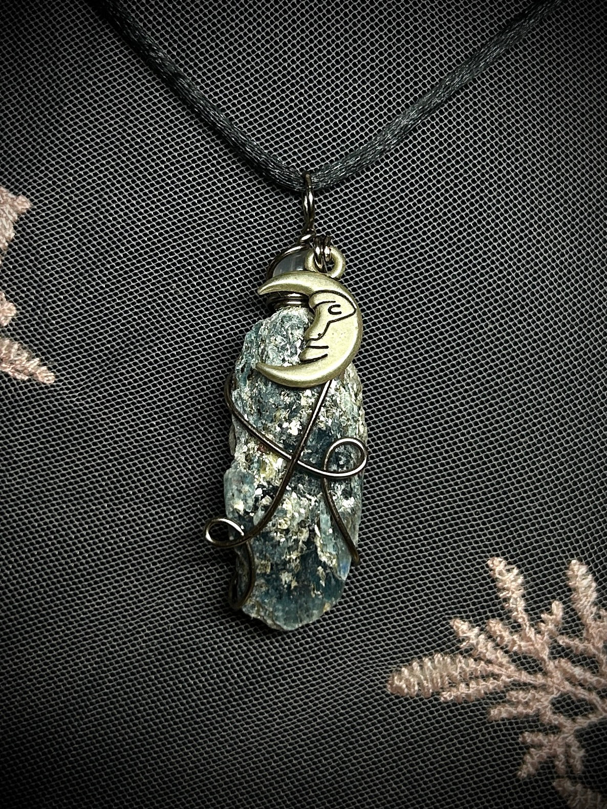 Tri Color Kyanite with Moon Charm Necklace