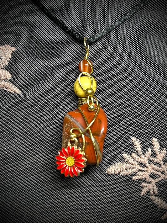 Floral Jasper with Red Flower Charm Necklace