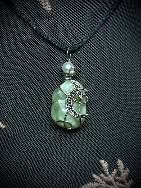 Green Calcite with Moon Charm Necklace