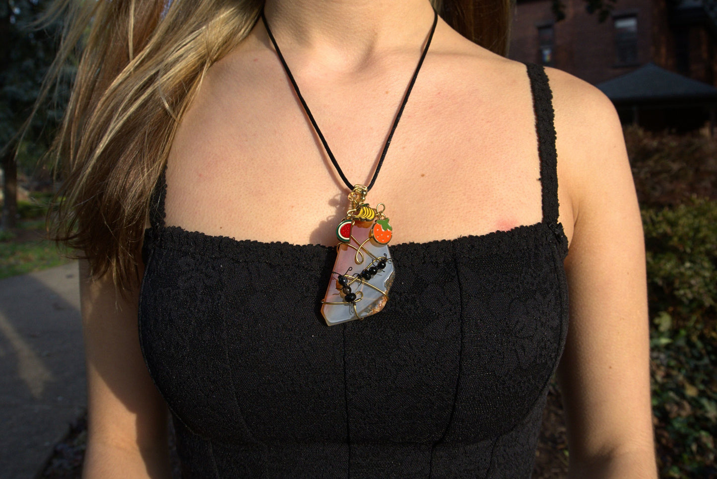 Ants Following Fruit Red Agate Slab Necklace