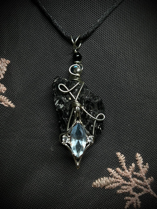 Black Tourmaline with Antique Charm Necklace