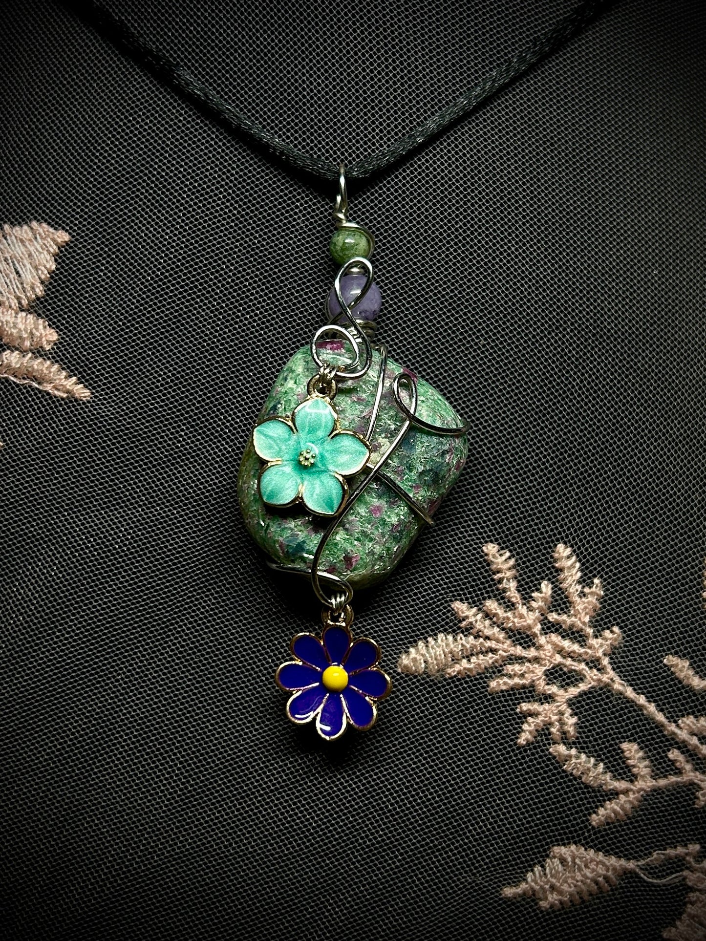Ruby in Fuchsite with Flower Charms Necklace