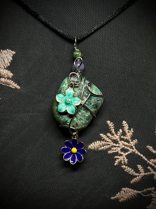 Ruby in Fuchsite with Flower Charms Necklace