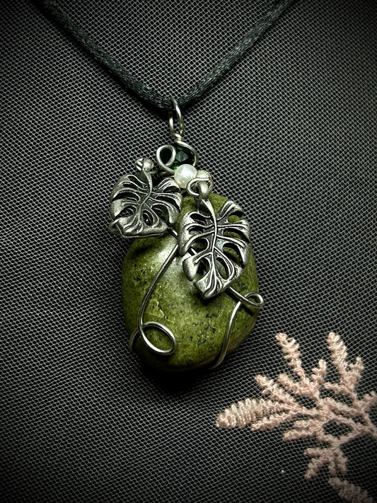 Vesuvianite with Monstera Leaves Necklace