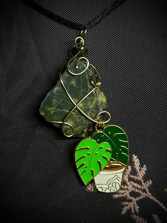 Unakite with Large Monstera Charm Necklace