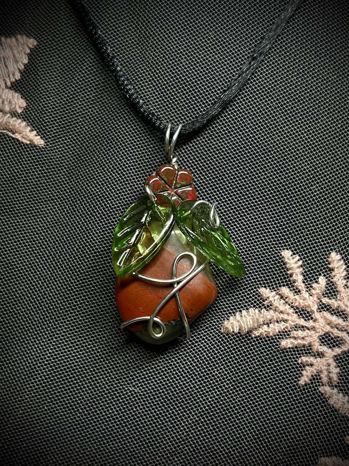 Cherry Orchard Agate with Flower Bead Necklace