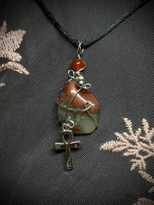 Cherry Orchard Agate with Egyptian Cross Charm Necklace