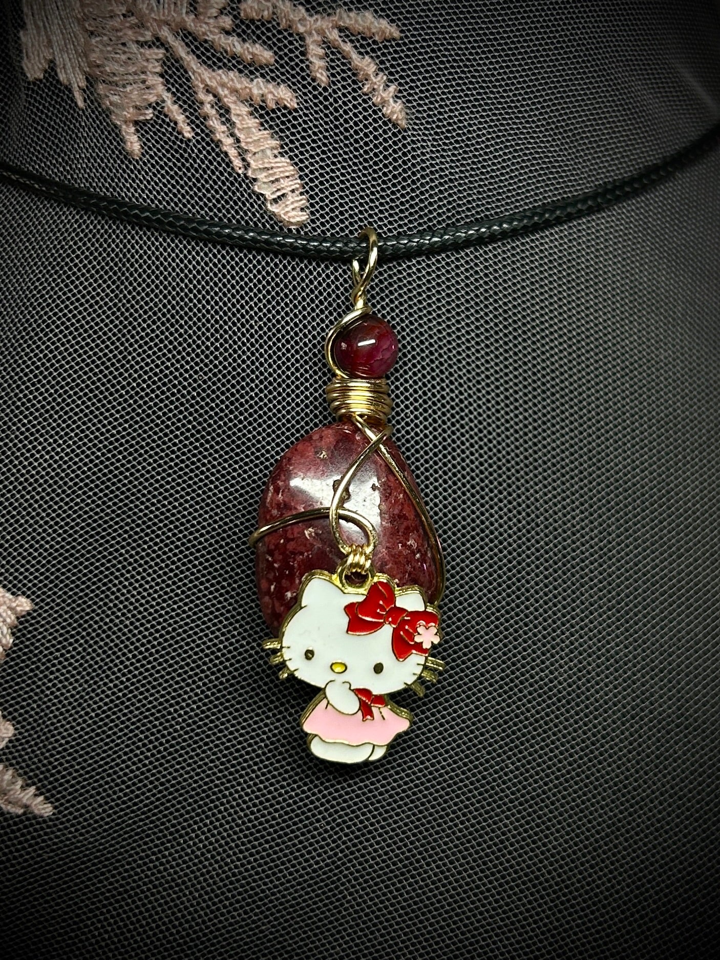 Wine Red Quartz with Hello Kitty Charm Necklace