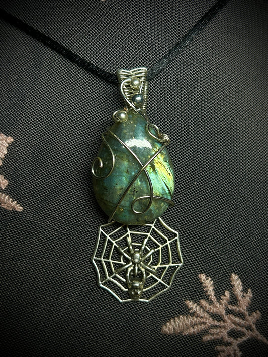 Labradorite with Spiderweb Charm Necklace