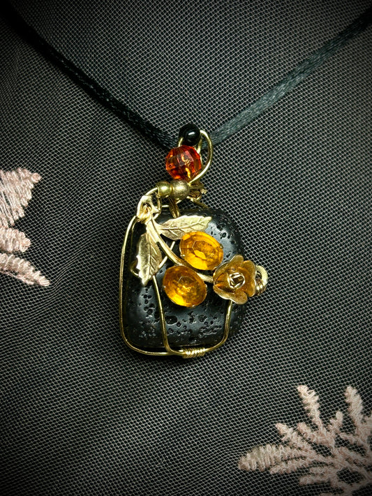 Lava Rock with Antique Rose Charm Necklace