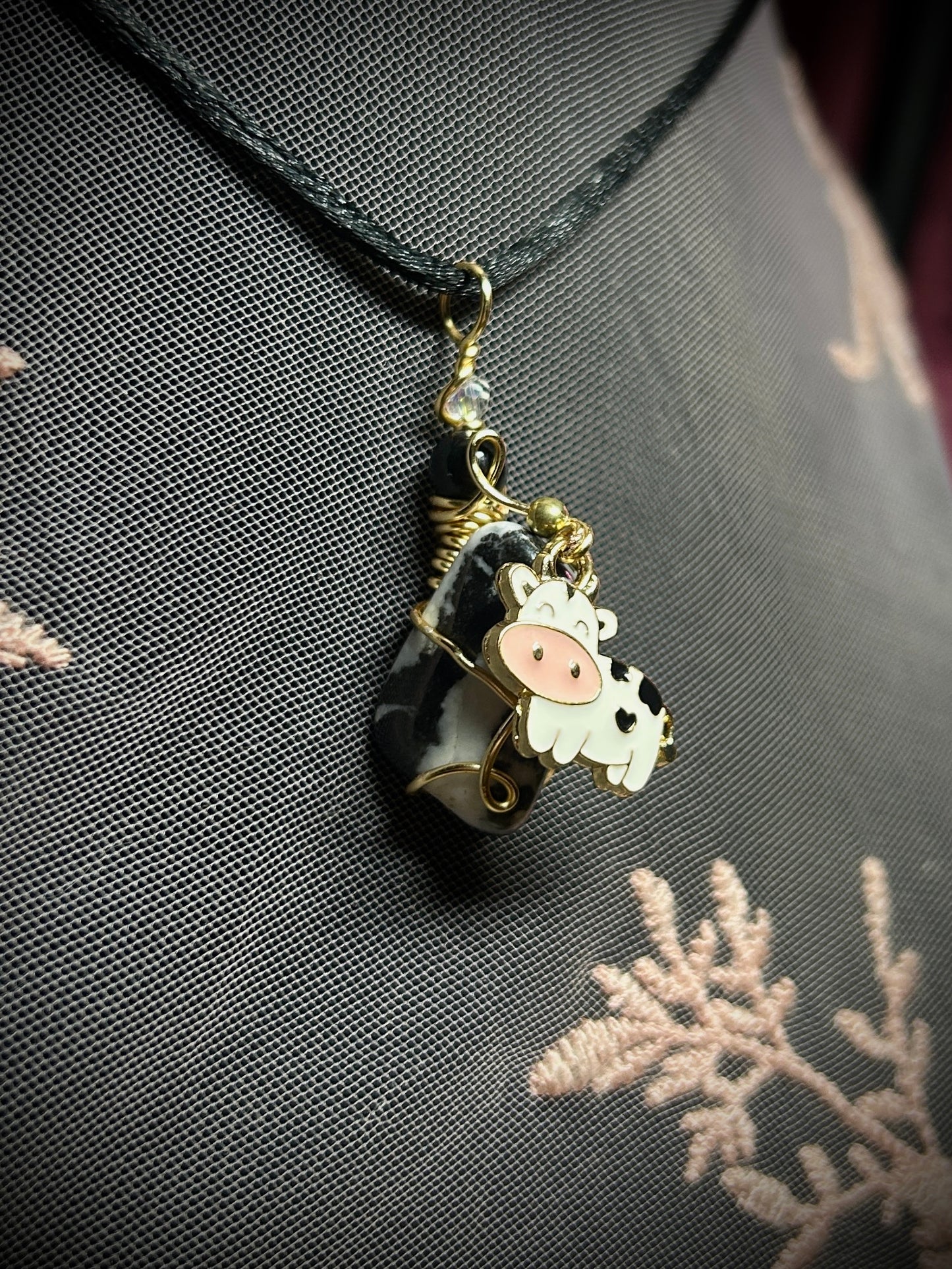 Small Dalmatian Jasper with Cow Charm Necklace