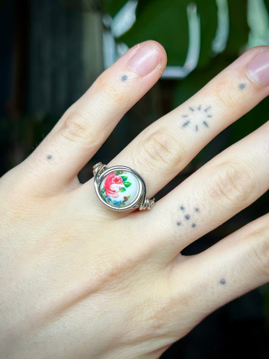 White Floral Bead Silver Ring