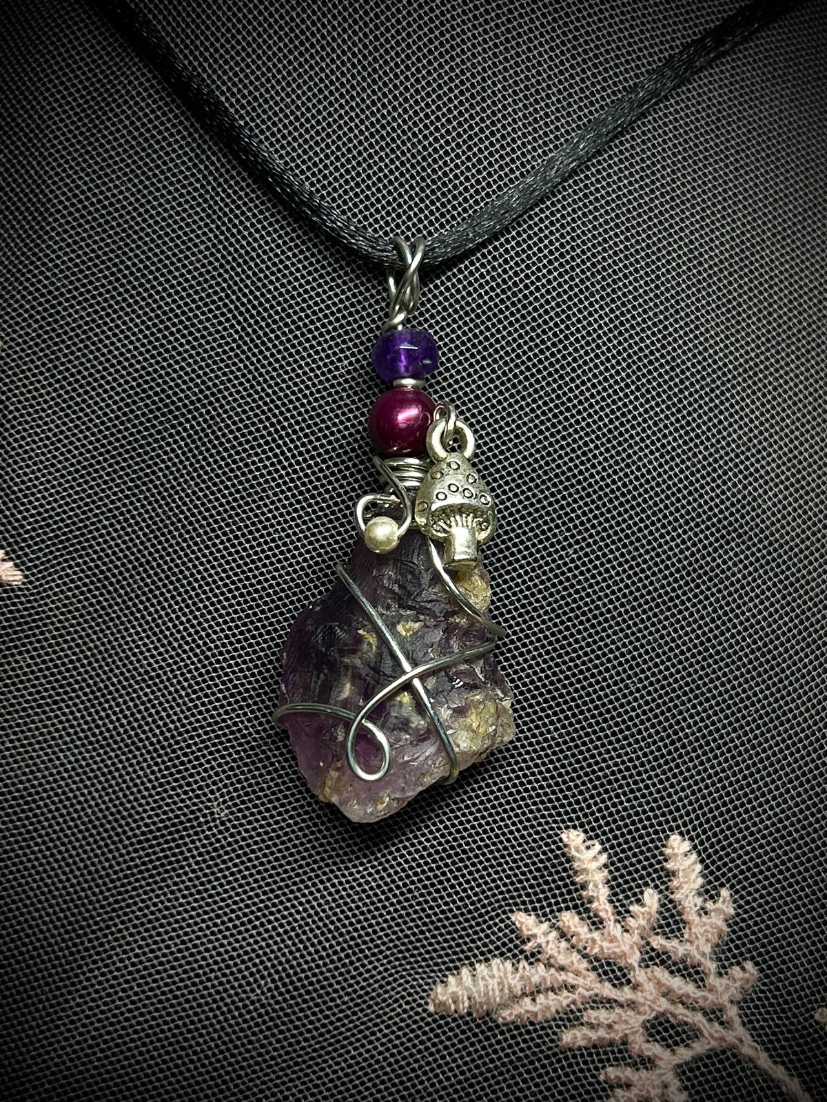 Amethyst with Mushroom Charm Necklace